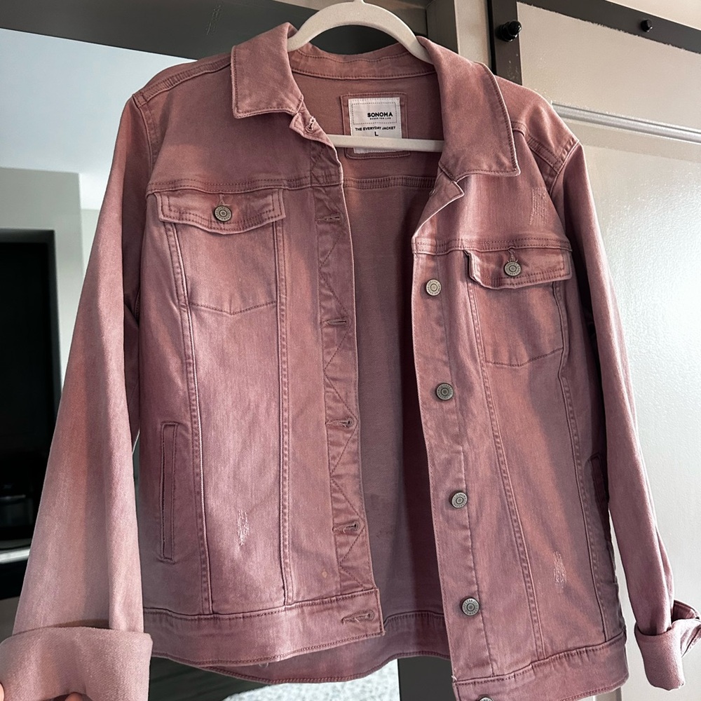 Sonoma, distressed pink jean jacket, size L